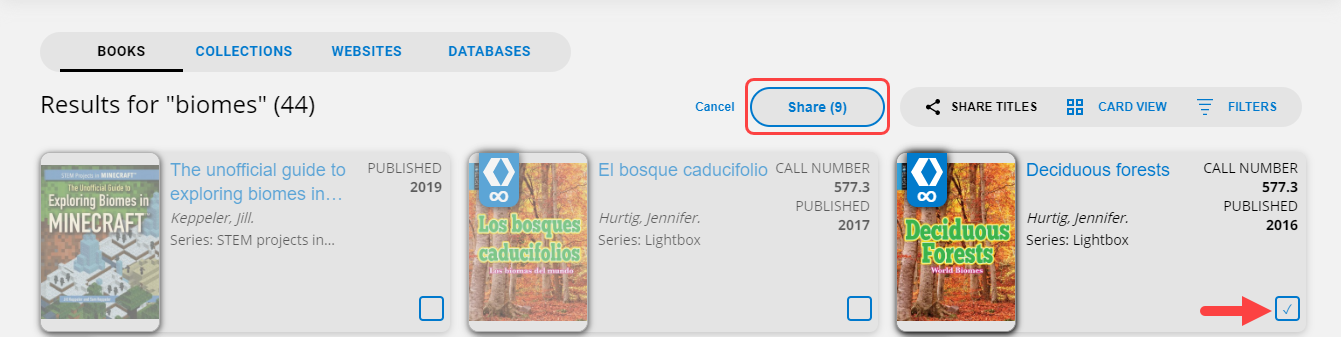 Share Titles page with checkbox and Share button highlighted.